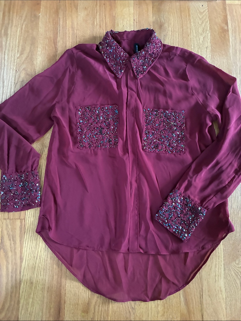 Women's Embellished Burgundy Button-Up Blouse